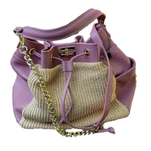 Florence Italian Genuine Pink Leather Straw Gold Chain Bucket Crossbody Bag